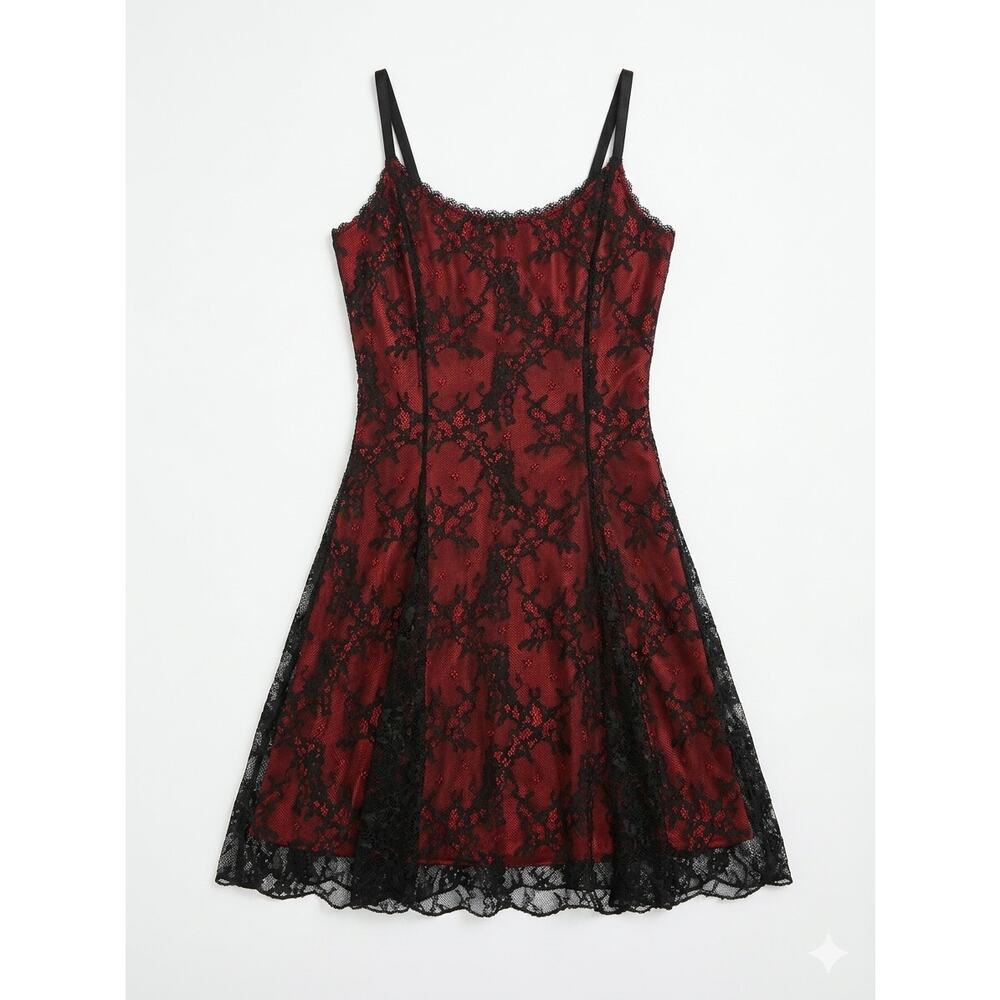 Dolls Kill Widow XS Black Red Lace Overlay Slip Dress Whimsygoth Goth Y2K